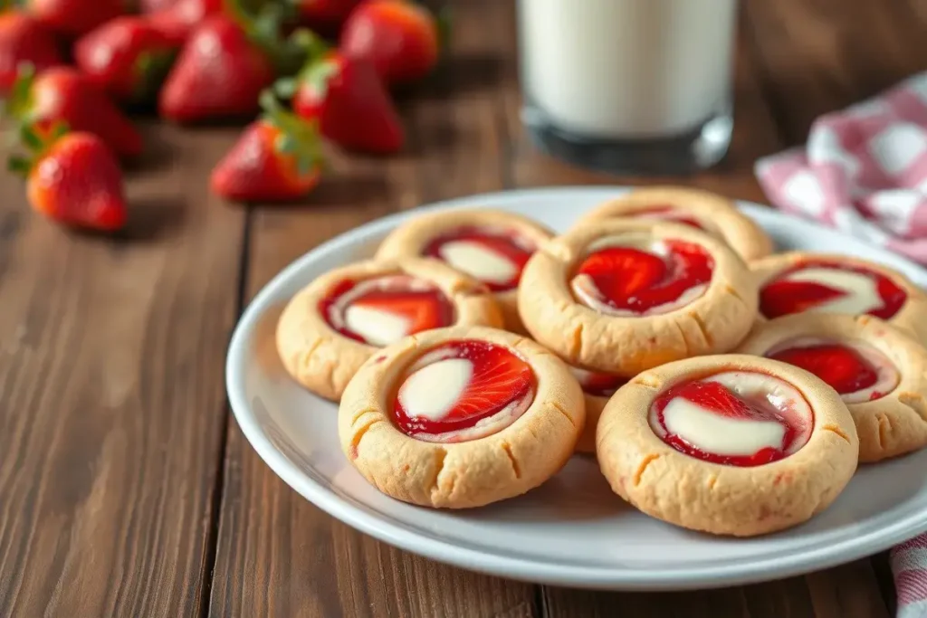 Plate of freshly baked strawberry cheesecake cookies with strawberry filling and creamy cheesecake centers, served with fresh strawberries and a glass of milk