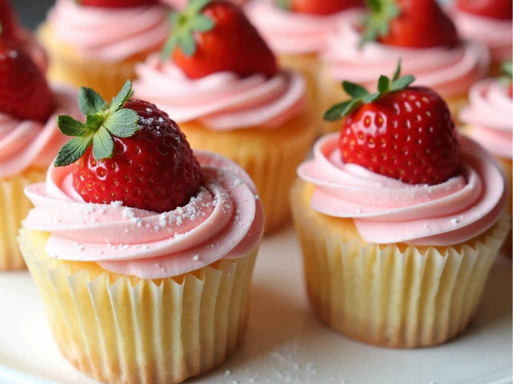 Delicious strawberry mini cupcakes topped with fresh strawberries and pink frosting on a white plate