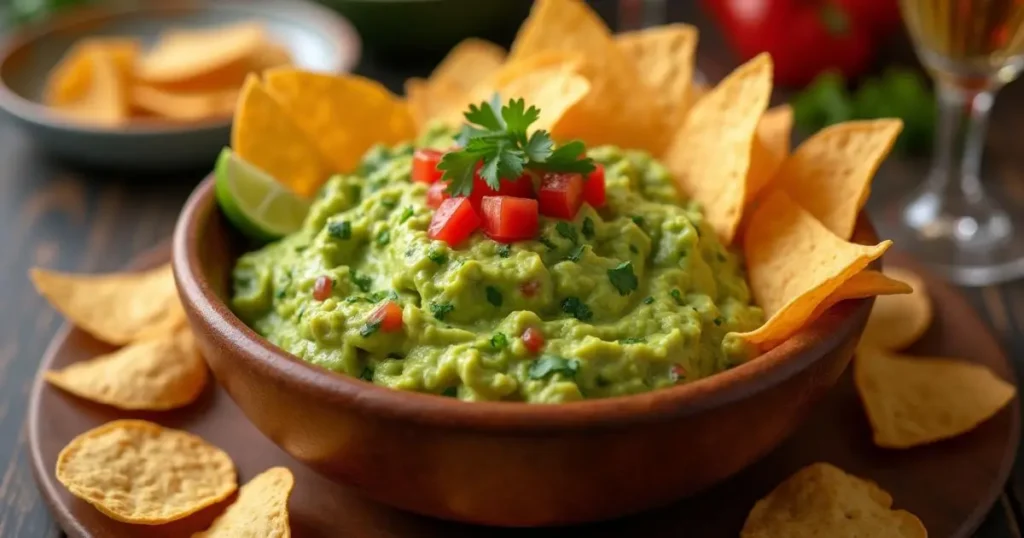 Fresh guacamole with crispy homemade tortilla chips, garnished with cilantro, lime, and tomatoes, served in a rustic wooden bowl, ideal for parties.