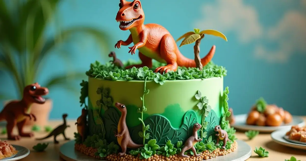 A colorful dinosaur-themed birthday cake with a detailed T-Rex design, edible footprints, and playful dinosaur figurines, perfect for a child's birthday party.