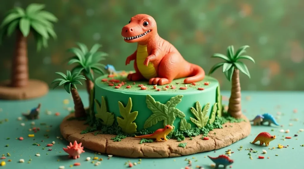 A fun and colorful dinosaur birthday cake with a 3D T-Rex design, surrounded by dinosaur footprints, figurines, and jungle decorations, perfect for a kids' birthday party