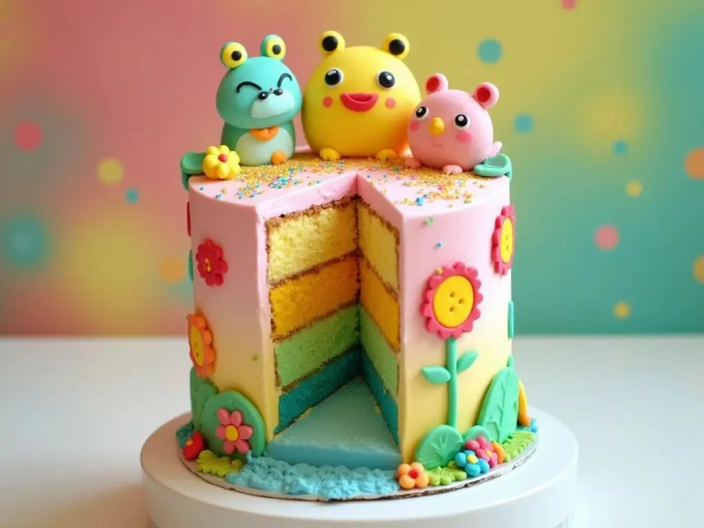 Colorful Nanalan-themed cake with playful fondant decorations and bright, sparkly toppings, perfect for nostalgic celebrations