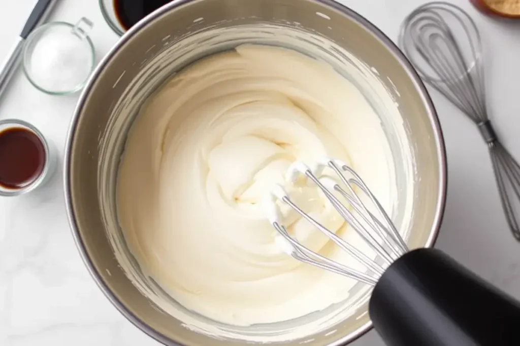 Whisking mascarpone cream for tiramisu cake filling in a mixing bowl