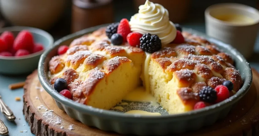 White chocolate bread pudding with whipped cream, white chocolate sauce, and fresh berries served in a baking dish, with golden edges and a creamy custard interior.