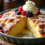 White chocolate bread pudding with whipped cream, white chocolate sauce, and fresh berries served in a baking dish, with golden edges and a creamy custard interior.