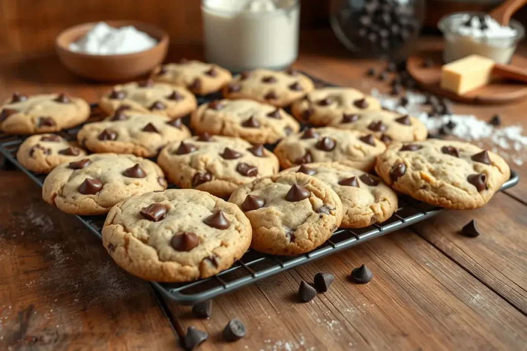 Crumbl-style chocolate chip cookies on a cooling rack, with large chocolate chunks and a soft, chewy texture, set in a cozy kitchen atmosphere.