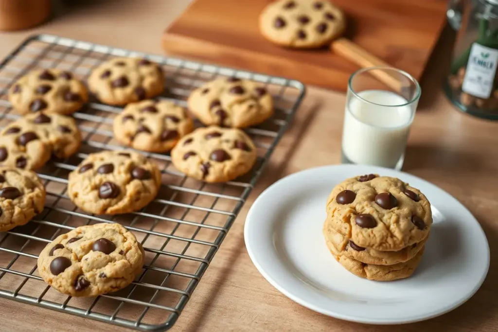 Crumbl chocolate chip cookies cooling on a wire rack with soft, gooey centers, ready to be served with a glass of milk.

