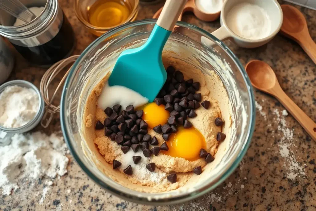 Mixing ingredients for Crumbl chocolate chip cookie dough, with butter, sugar, eggs, and chocolate chips visible in a cozy kitchen setting.

