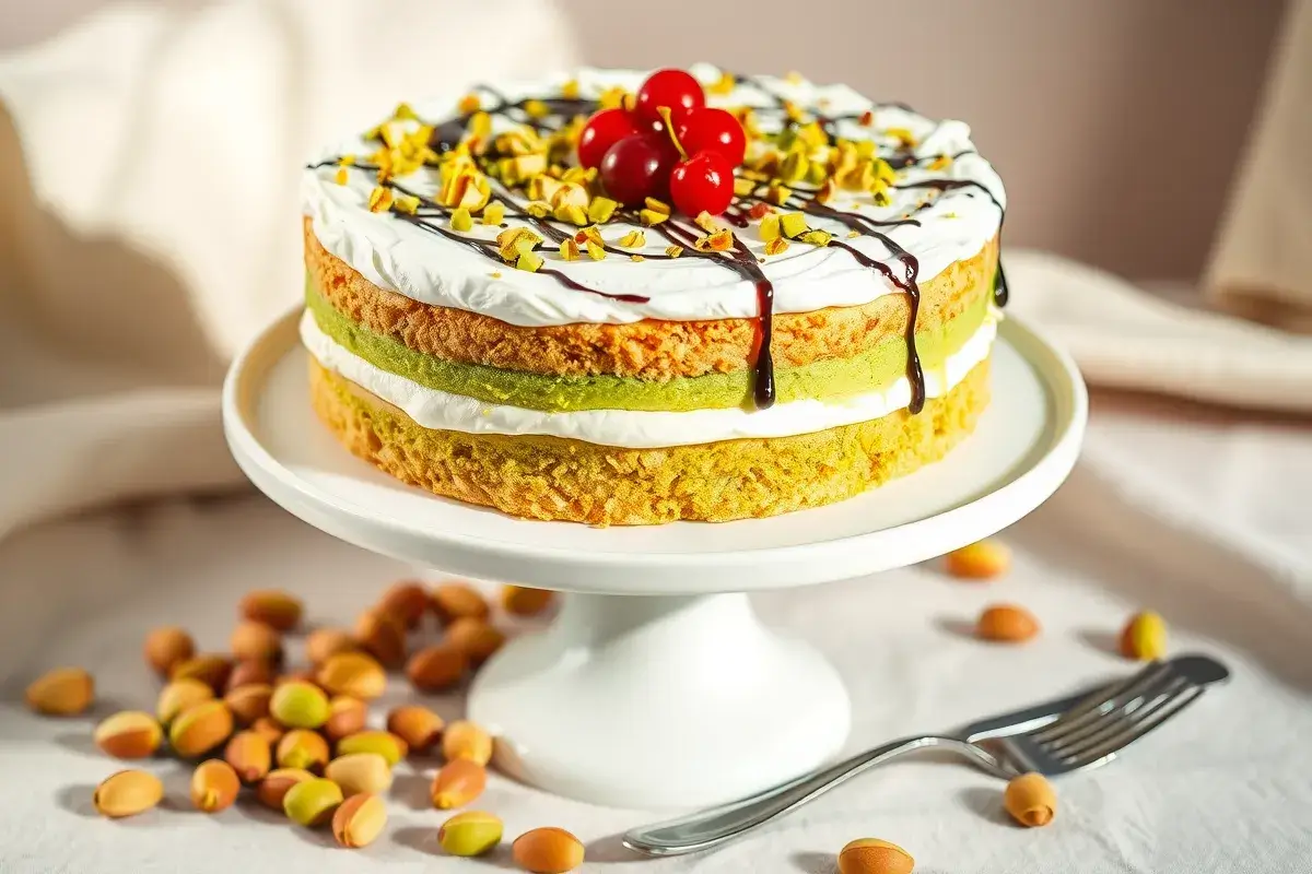 A delicious pistachio torte with creamy layers, garnished with chopped pistachios, whipped cream, and maraschino cherries, served on a white cake stand.