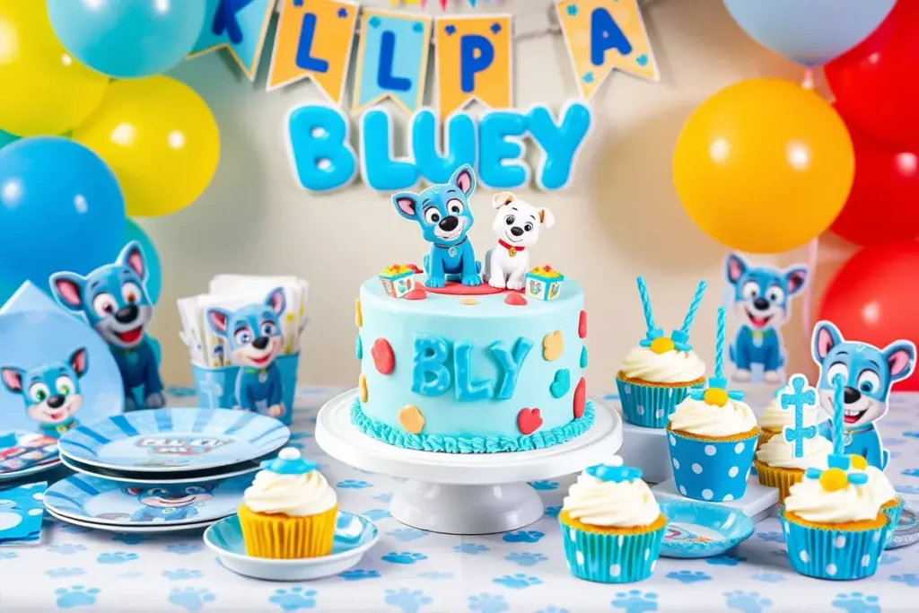 A Bluey-themed party table setup with a colorful Bluey and Bingo cake, matching plates, banners, napkins, cupcakes, and paw print decorations.

