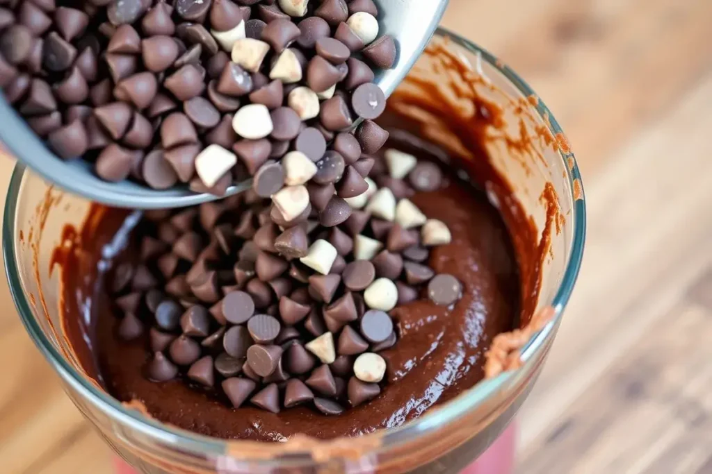 Adding chocolate chips to cosmic brownie batter for a fudgy texture and rich flavor.