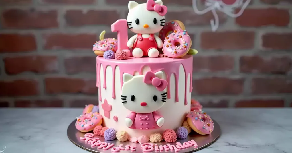 A beautifully decorated Hello Kitty birthday cake with pink and white drip icing, an edible Hello Kitty design, pink and purple donuts, buttercream swirls, and a fondant number '1' topper, placed against a rustic brick wall.