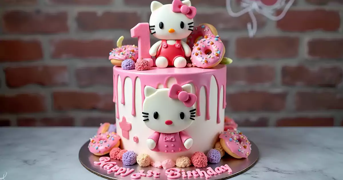 A beautifully decorated Hello Kitty birthday cake with pink and white drip icing, an edible Hello Kitty design, pink and purple donuts, buttercream swirls, and a fondant number '1' topper, placed against a rustic brick wall.