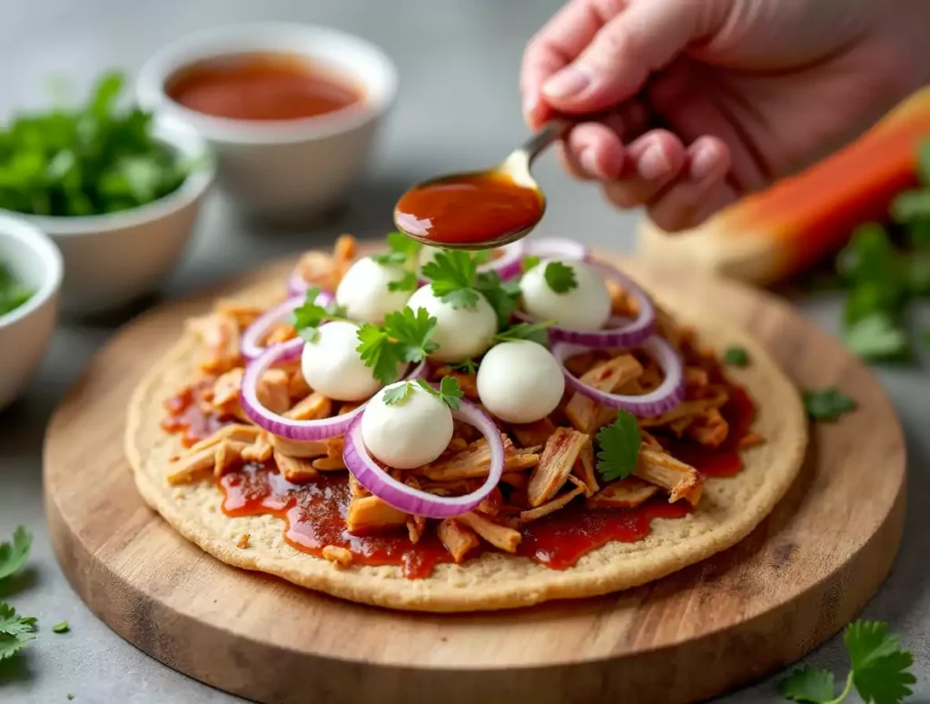 Healthy BBQ chicken flatbread being assembled with BBQ sauce, shredded grilled chicken, red onions, and low-fat mozzarella cheese on a wooden cutting board.