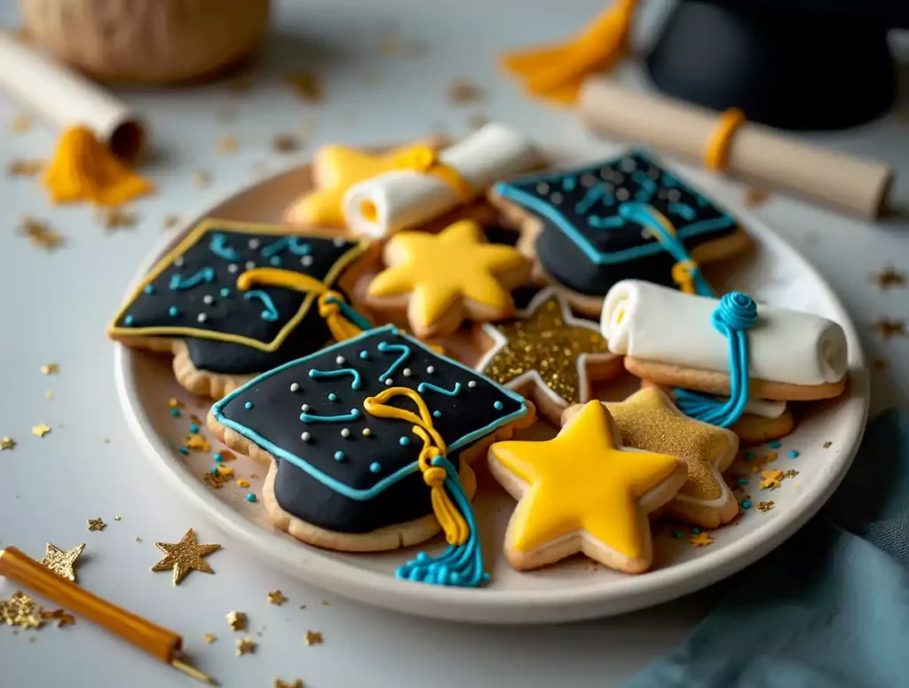 A beautifully arranged tray of graduation-themed sugar cookies, featuring caps, diplomas, and stars decorated with smooth royal icing in black, gold, and blue.