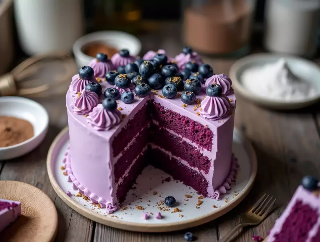 A beautifully layered purple velvet cake with smooth cream cheese frosting, decorated with fresh berries and edible gold flakes, sitting on a rustic wooden table.