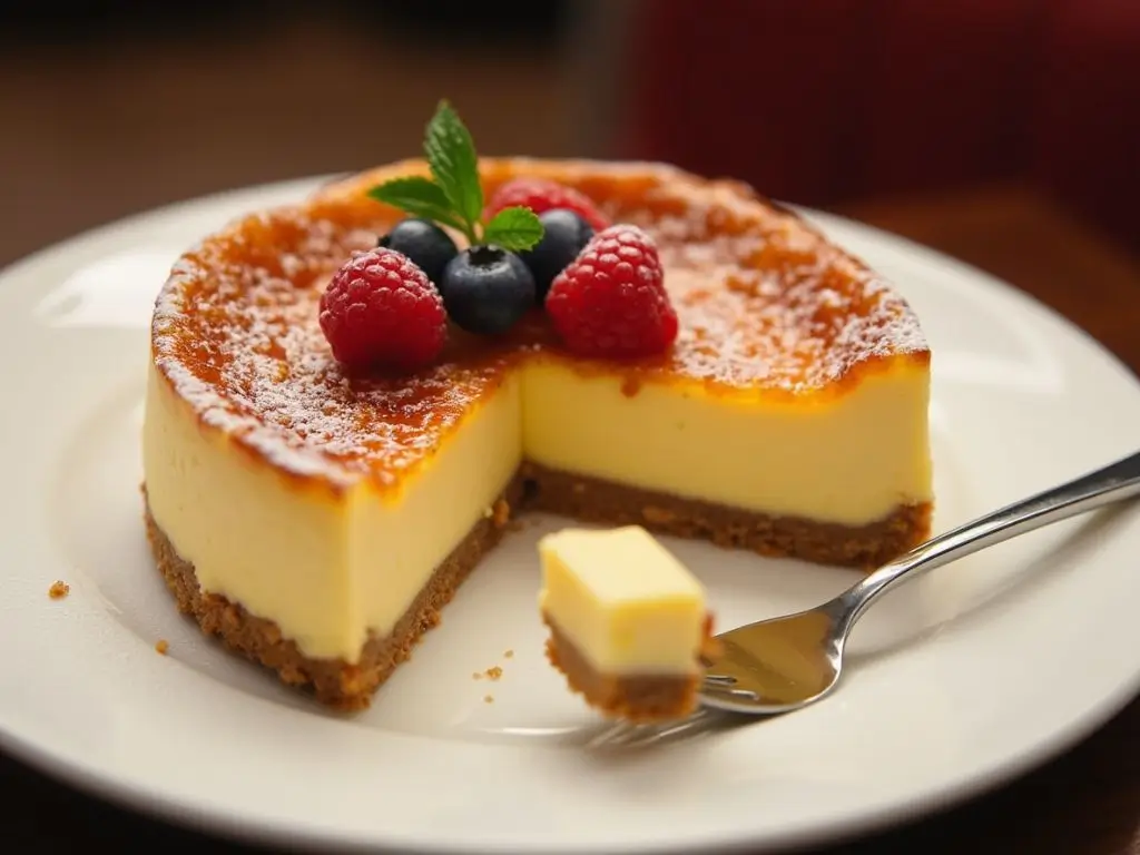 A rich and creamy Crème Brûlée Cheesecake with a golden caramelized sugar crust, served on a white plate with fresh berries, a graham cracker crust, and a fork beside it.