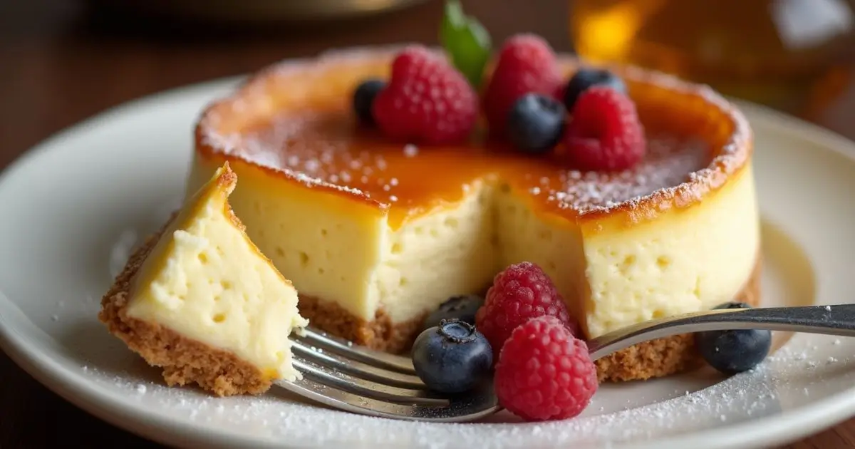 A luscious Crème Brûlée Cheesecake with a crisp, golden caramelized sugar topping, served on a white plate with fresh berries and a graham cracker crust.