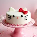 A Hello Kitty-themed cake with white fondant, a red bow, and black icing details, placed on a pink cake stand with a pastel background.