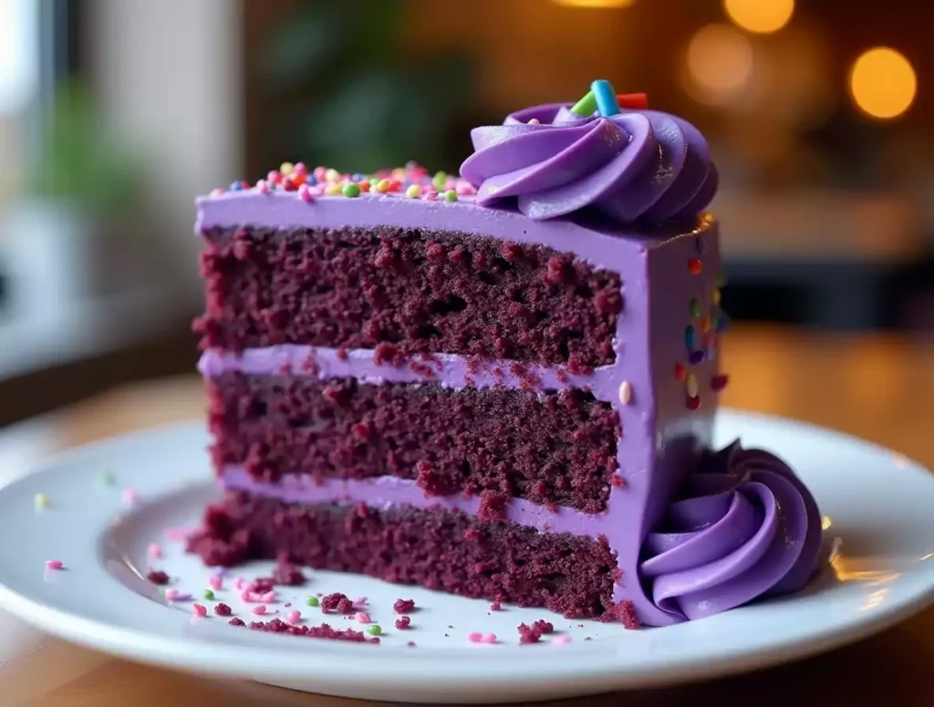 A rich and moist purple velvet cake slice with creamy frosting, topped with glossy purple glaze, buttercream swirls, and colorful sprinkles, served on a white plate.