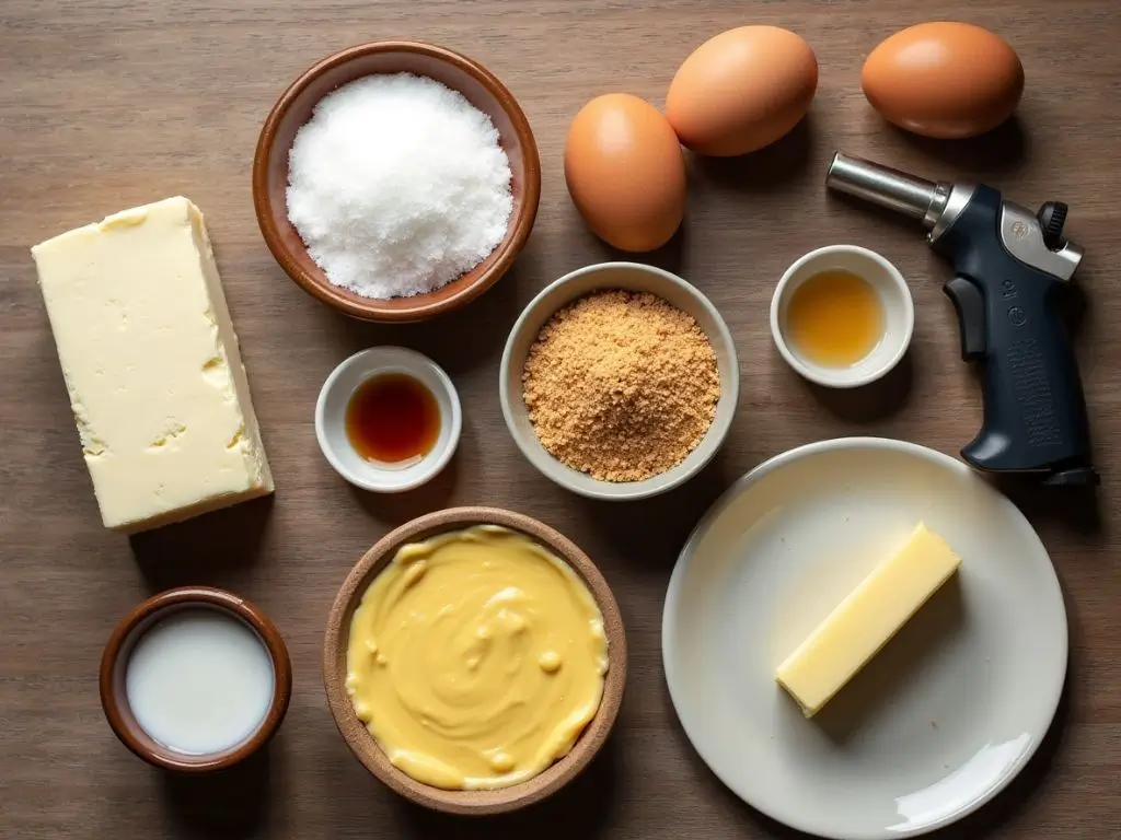 A top-down view of Crème Brûlée Cheesecake ingredients, including cream cheese, eggs, sugar, vanilla extract, heavy cream, graham cracker crumbs, and butter, arranged on a rustic wooden surface.