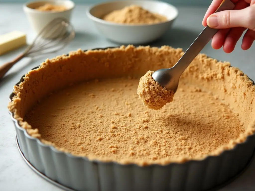 A golden graham cracker crust being evenly pressed into a springform pan using the back of a spoon, creating a firm base for Crème Brûlée Cheesecake.