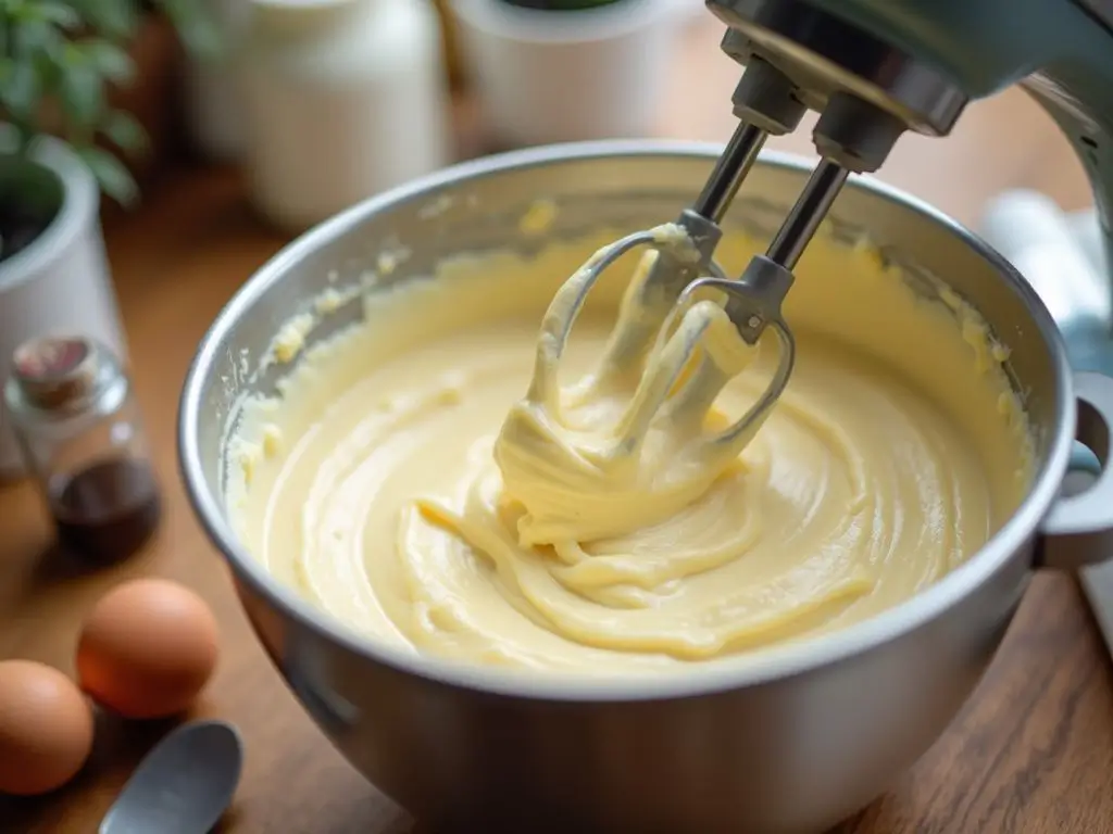 A mixing bowl filled with creamy cheesecake batter being blended with an electric hand mixer, with a spatula and vanilla extract nearby.