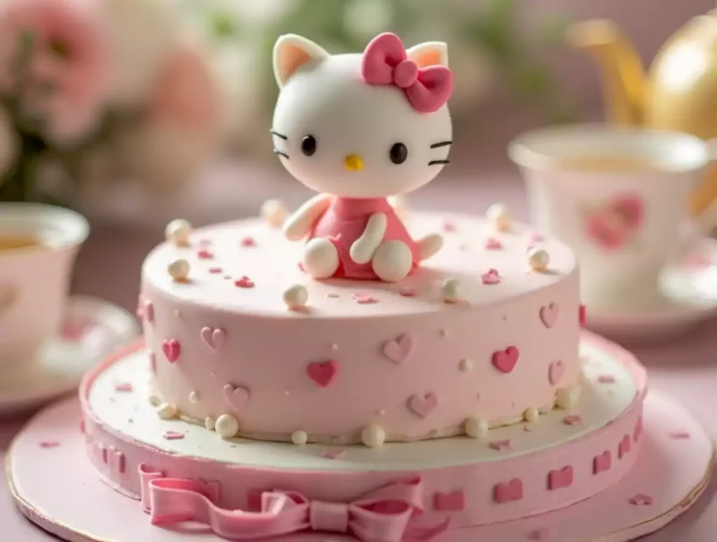 A realistic Hello Kitty-themed birthday cake with a pastel pink and white design, featuring a handcrafted 3D Hello Kitty fondant topper, heart-shaped decorations, and a pink bow, set in an elegant tea party setting.