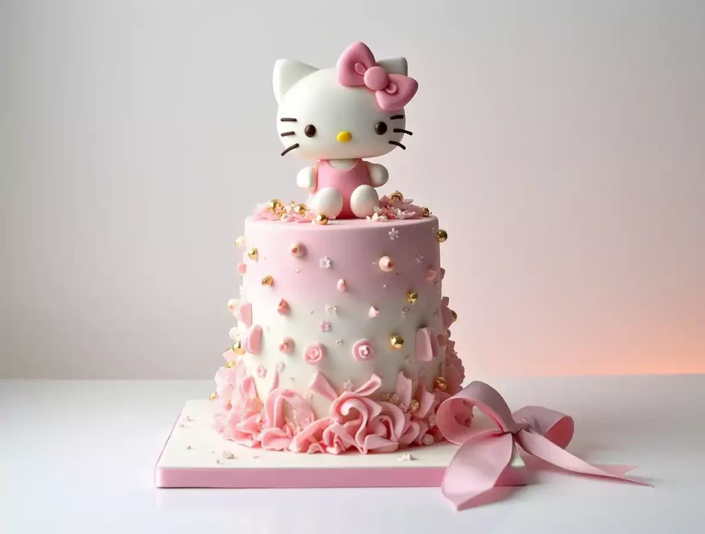 A tall, pastel pink and white Hello Kitty birthday cake with a 3D fondant topper, decorated with gold and pink edible spheres, fondant hearts, a large ribbon, and intricate sugar art, placed on a white cake stand.