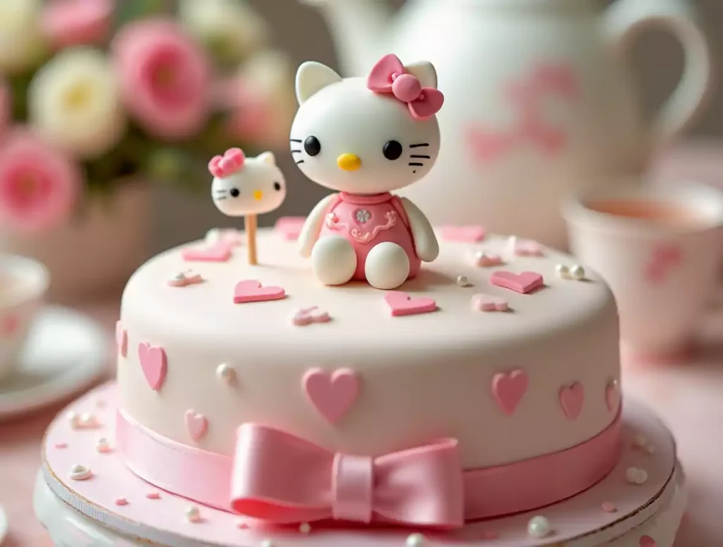 A tall and elegant Hello Kitty birthday cake with a pastel pink and white gradient, featuring a 3D Hello Kitty fondant topper, gold and pink edible spheres, fondant hearts, a geometric sugar decoration, and a delicate fondant ribbon, placed on a white cake stand.