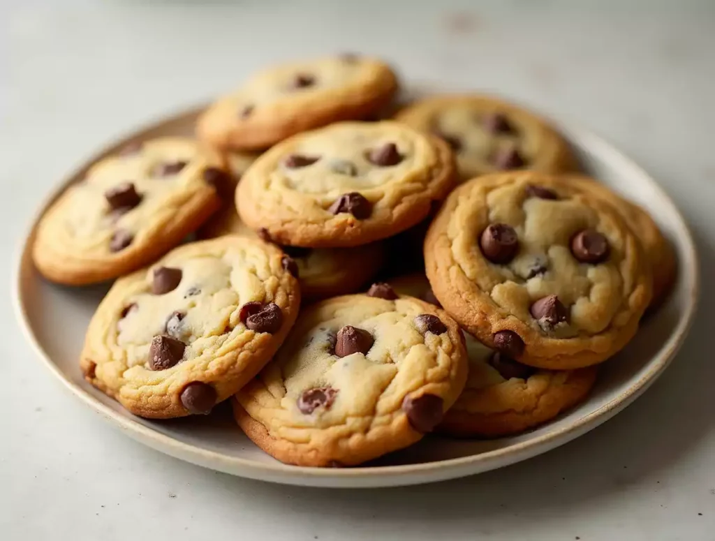 A plate of freshly baked chocolate chip cookies with a golden brown color, crispy edges, and a soft, chewy center