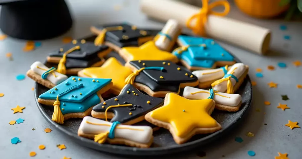 A close-up of beautifully decorated graduation cookies shaped like caps, diplomas, and stars, featuring royal icing in black, gold, and blue with intricate details.