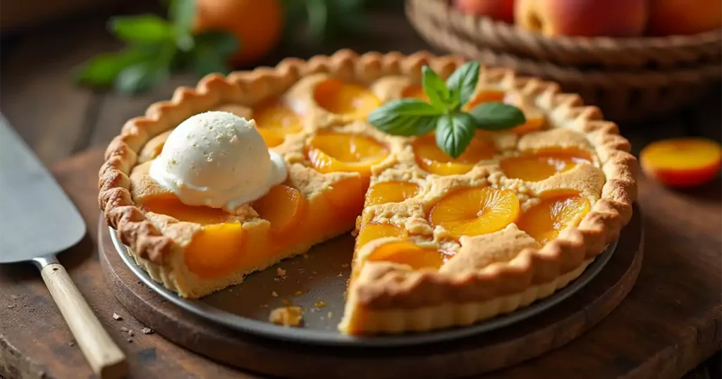 A freshly baked peach pie with a golden, flaky crust, filled with sweet and juicy canned peaches, served on a rustic wooden table with a slice cut out and vanilla ice cream melting on the side.