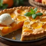 A freshly baked peach pie with a golden, flaky crust, filled with sweet and juicy canned peaches, served on a rustic wooden table with a slice cut out and vanilla ice cream melting on the side.