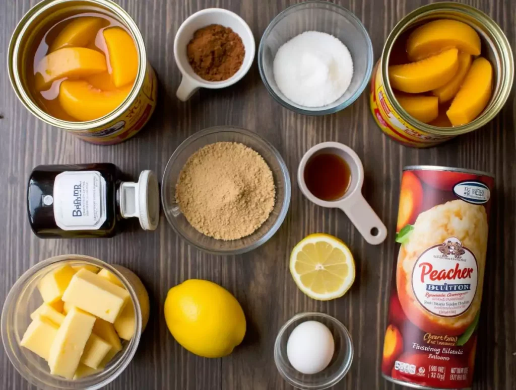 A flat lay of peach pie ingredients, including canned peaches, sugar, spices, cornstarch, vanilla extract, butter, lemon, pie crust, and an egg, displayed on a rustic wooden surface.