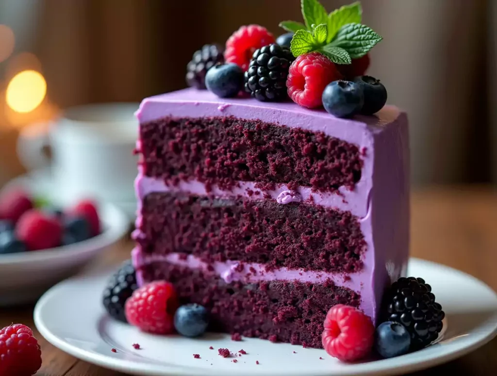 A triple-layer purple velvet cake with creamy frosting, topped with fresh blackberries, blueberries, and raspberries, served on a white plate with a blurred dining background.