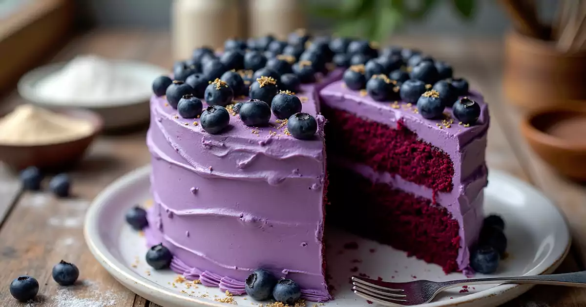 A rich and moist purple velvet cake with velvety cream cheese frosting, garnished with blueberries and gold flakes, placed on a wooden table with baking ingredients in the background.