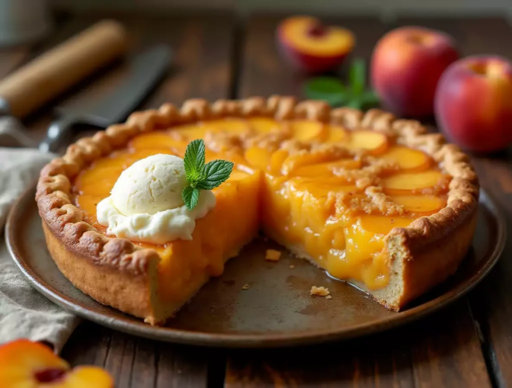 A golden, flaky peach pie made with canned peaches, fresh from the oven, with a slice removed to reveal a juicy, sweet filling