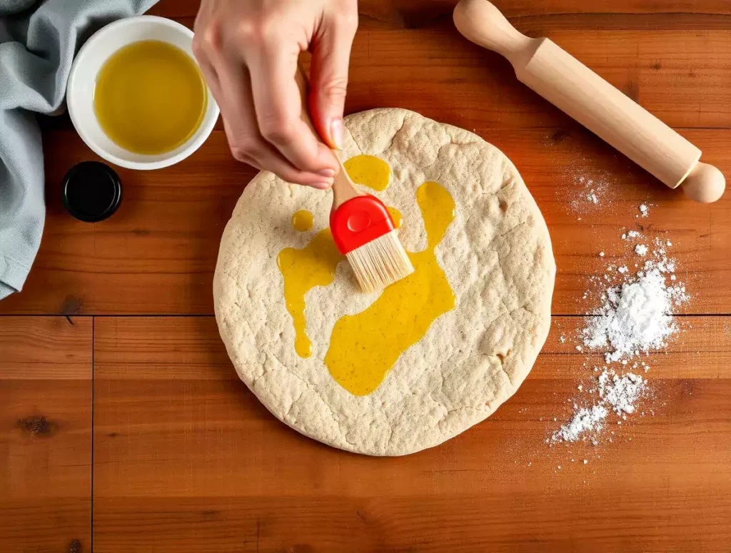 A hand brushing olive oil onto a whole wheat flatbread on a wooden kitchen counter, preparing it for a healthy BBQ chicken flatbread recipe.