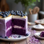 A homemade purple velvet cake with layers of cream cheese frosting, topped with fresh blueberries and gold flakes, placed on a rustic wooden table.