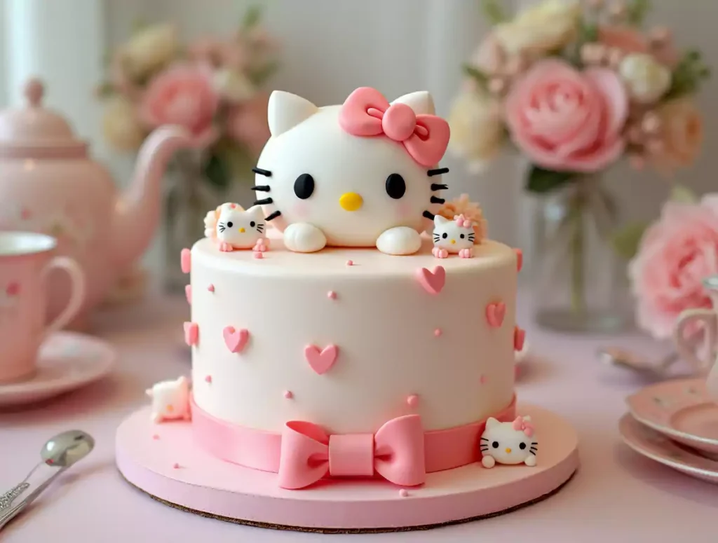 A beautifully decorated Hello Kitty cake with a smooth pastel pink and white finish, featuring a 3D Hello Kitty fondant topper, delicate heart-shaped decorations, and a pink bow, placed in a cozy tea party setting with flowers and a teapot.