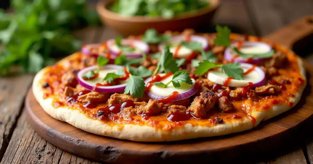 A golden, crispy BBQ chicken flatbread topped with grilled chicken, melted cheese, red onions, and fresh cilantro, served on a rustic wooden board.