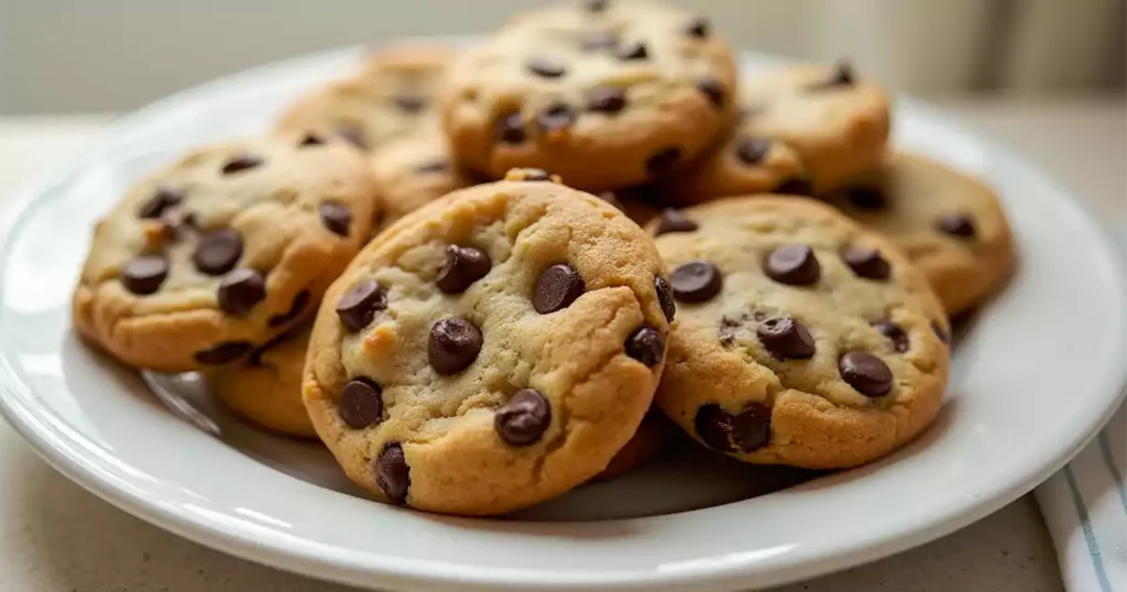 A plate of freshly baked chocolate chip cookies with a golden brown color, crispy edges, and a soft, chewy center, generously loaded with melted chocolate chips.