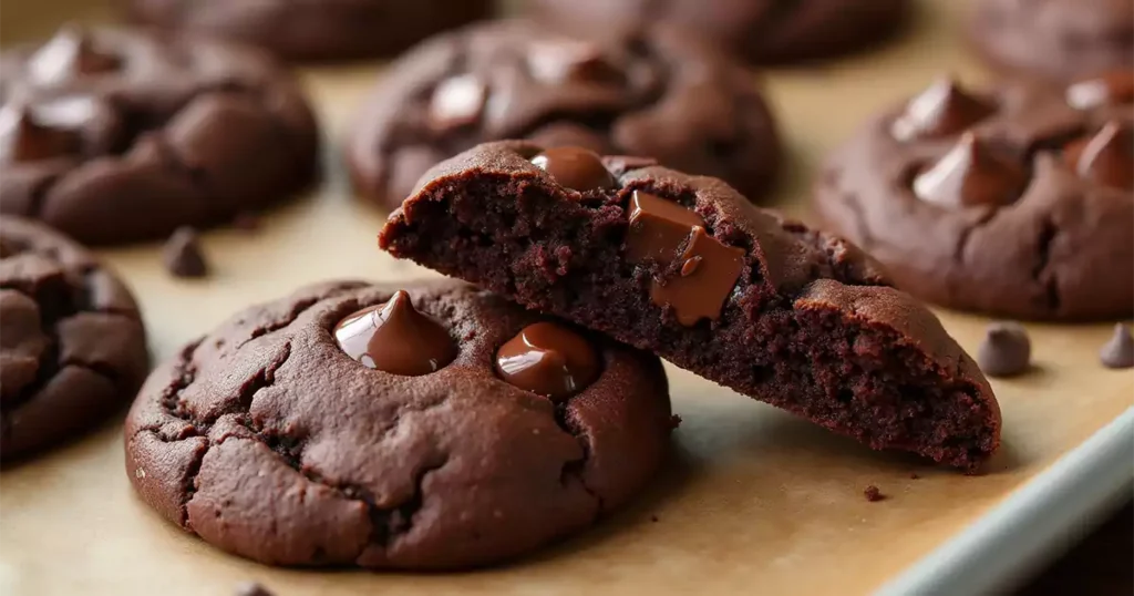 Close-up of freshly baked double chunk chocolate cookies with a dark, fudgy texture, loaded with melted chocolate chunks and chips, with one cookie broken open to reveal a gooey chocolate center.