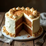 A slice of homemade carrot cake with cream cheese frosting, topped with walnuts, served with a fork on a rustic table
