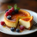 A rich and creamy Crème Brûlée Cheesecake with a golden caramelized sugar topping, served with fresh berries on a white plate.