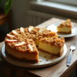 Apple Crumble Cheesecake with a golden crumble topping and creamy filling, showcasing a slice with baked apple chunks, set in a cozy kitchen environment.
