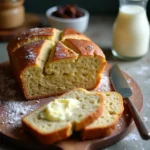 A rustic, golden-brown gluten-free Irish soda bread with a crispy crust, sliced on a wooden board with butter spread on top.