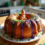 Delicious homemade King Cake with colorful icing, a Mardi Gras dessert with a traditional cinnamon filling.