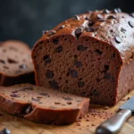 Freshly baked chocolate sourdough bread sliced to show rich chocolate swirls, placed on a rustic wooden table with a bread knife.